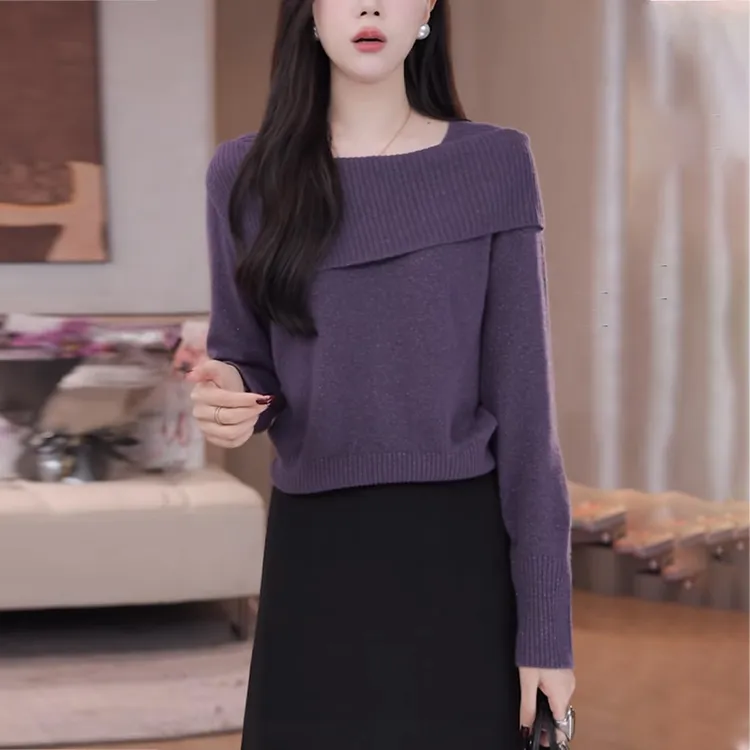 紫色一字肩翻领针织衫女秋冬新款高级感软糯显瘦洋气打底毛衣上衣