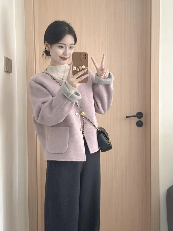 【老钱气质】高级感简约温柔短款双面可穿呢子外套大衣深灰长裤套装