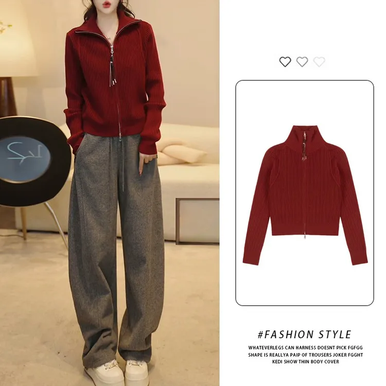 高领双拉链针织开衫女秋冬款加厚短款本命过新年红色软糯毛衣外套