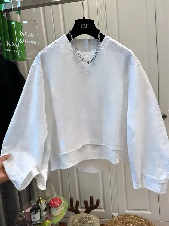 高级感独特别致套头圆领衬衫女2025新款早秋宽松白色长袖小衫上衣