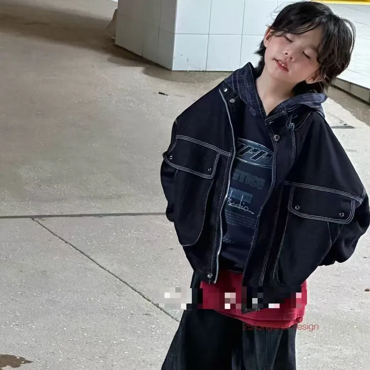 纯色春秋韩版牛仔两件套黑色男童时尚秋款