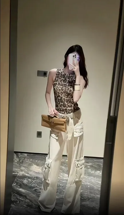 2024年夏季新款氛围感复古豹纹印花吊带背心配休闲工装裤两件套女