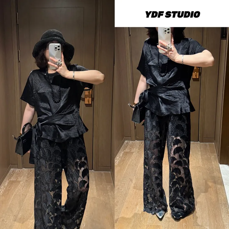 YDFSTUDIO小众【气质港风】欧货高品后背蕾丝拼接设计上衣+裤子套装