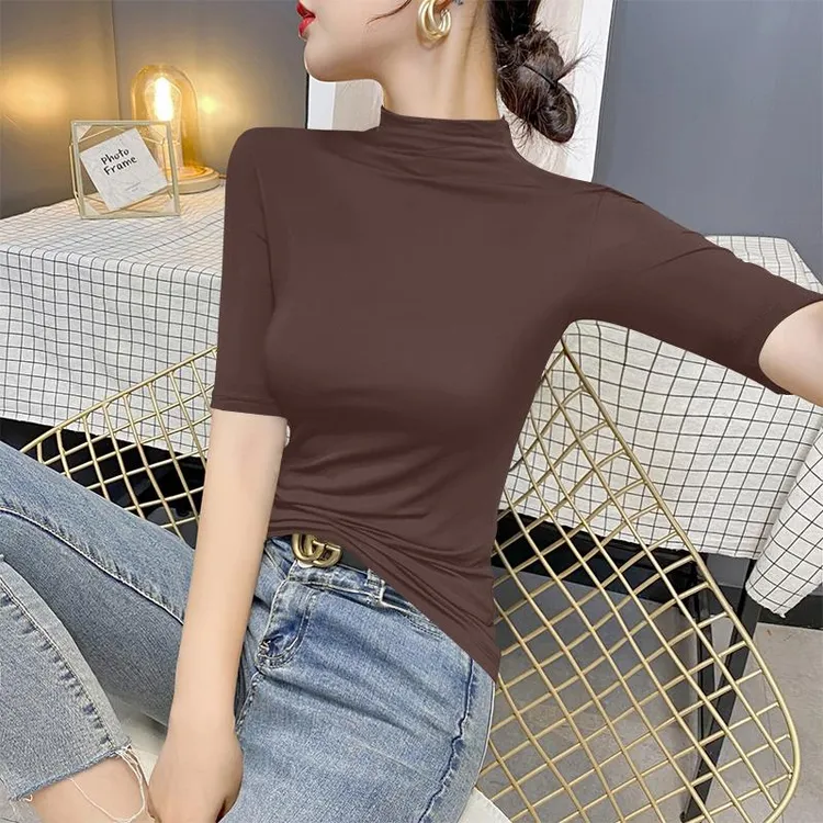 咖色半高领莫代尔五分袖t恤女秋内搭洋气中领修身中袖面膜上衣潮
