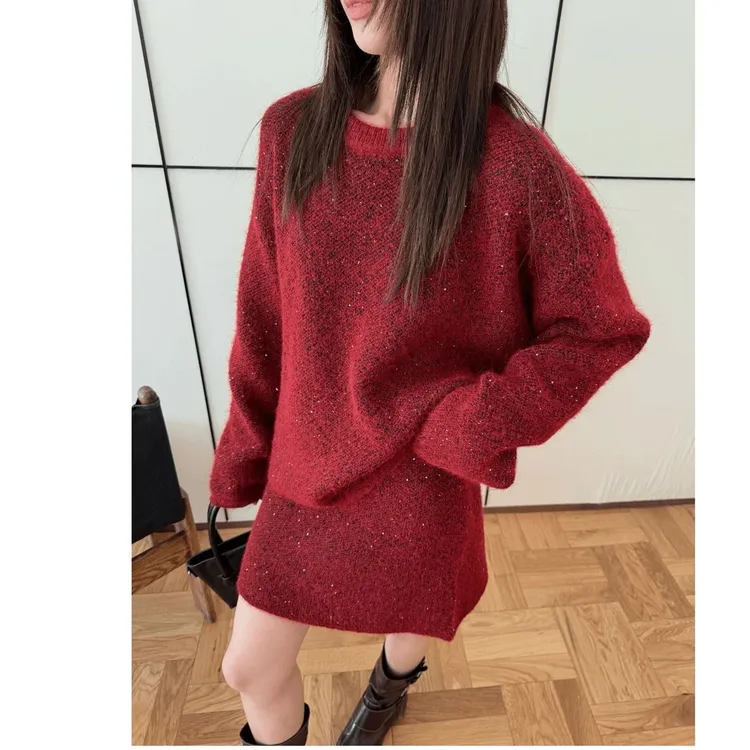 高级感亮片毛衣套装女秋冬新款宽松圆领针织衫松紧腰半身裙两件套