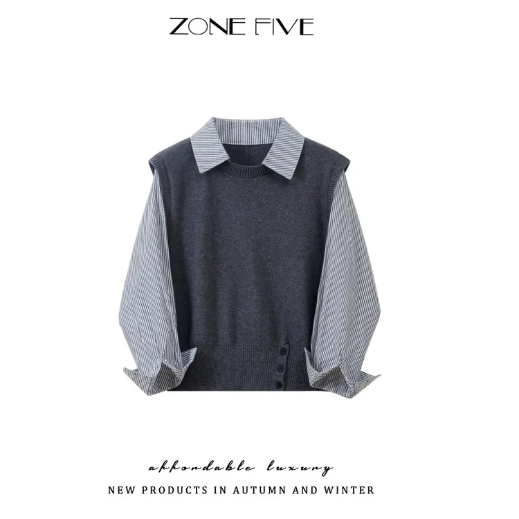 【zonefive】高级感气质洋气拼接衬衫假两件学院风休闲秋冬打底衫