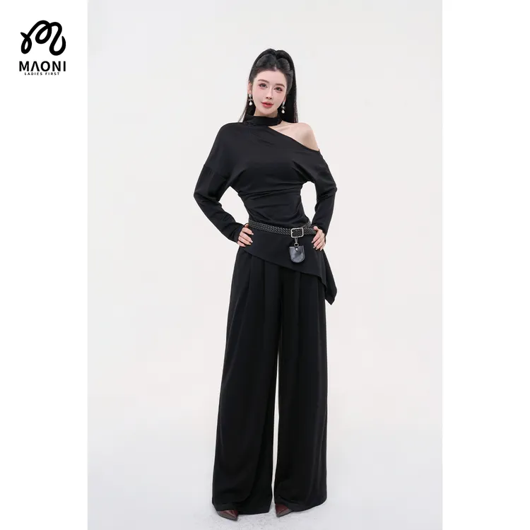 毛妮LADIESFIRST【暗调轻熟】斜肩上衣+阔腿裤套装女配腰带L2363