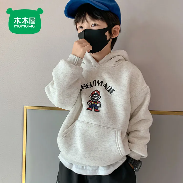 木木屋男童卫衣加绒卡通印花新款秋冬季童装加厚连帽一体绒上衣潮