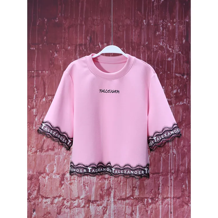 【韩哥女装】设计师高定面料欧货小众樱花粉拼接蕾丝T恤7036A