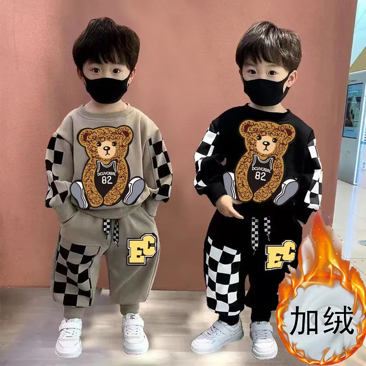 男小中女童潮流加绒套装新款帅气春秋冬长袖卫衣裤子男宝宝两件套
