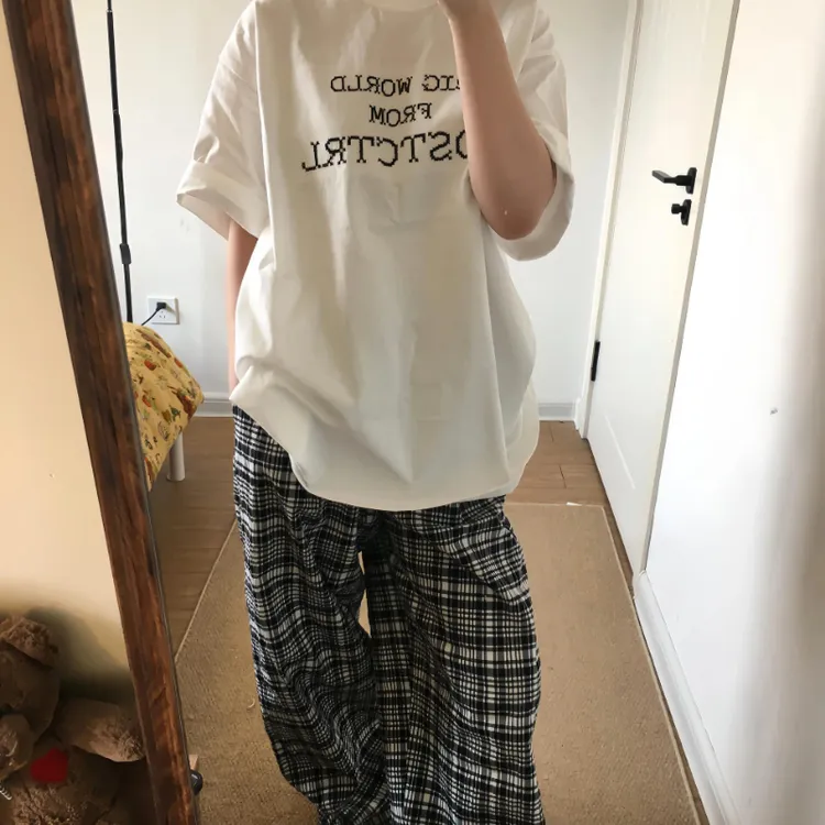 韩系简约字母慵懒风圆领短袖睡衣女款夏季大码宽松格子阔腿裤套装