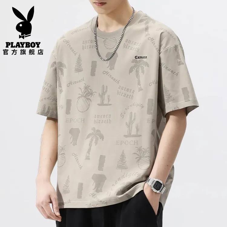 花花公子圆领短袖T恤男夏季2025新款潮流百搭速干印花宽松休闲t恤