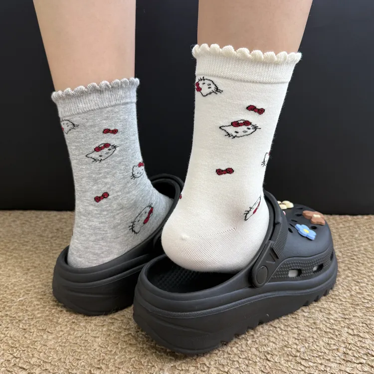 【5双装】新款早秋kitty猫满身可爱卡通袜子女生高颜值舒适中筒袜子