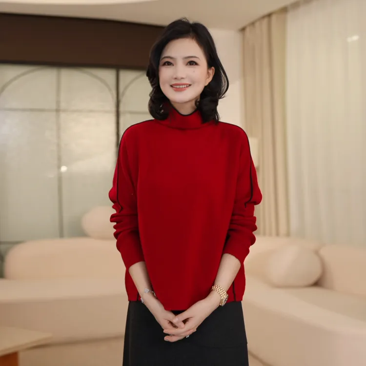 枫竺阿楠anan半高领撞色边保暖羊毛针织衫女秋冬百搭长袖套头毛衣