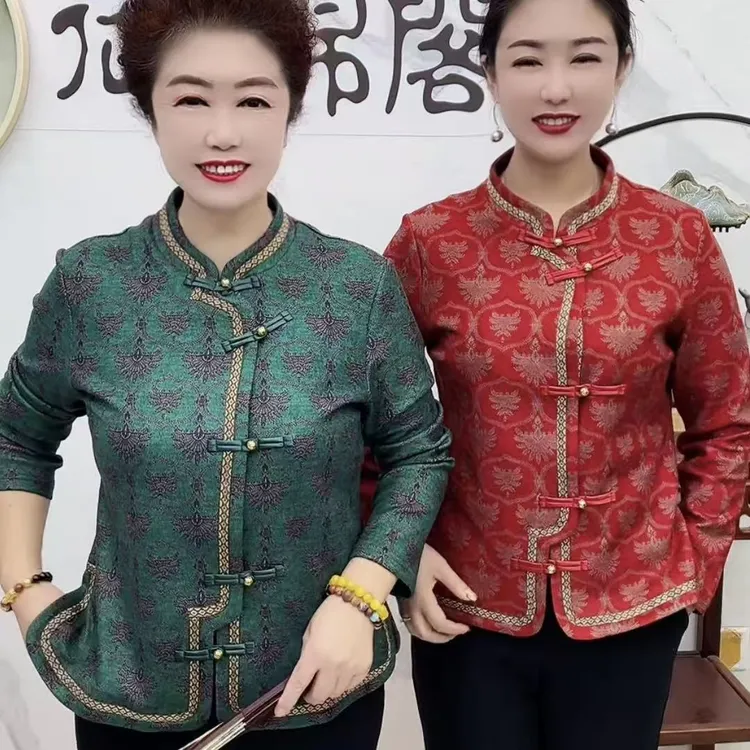 洋红色/孔雀绿/大青花凤尾腰果加绒上衣中老年女装气质减龄显瘦
