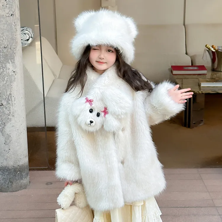 儿童韩版皮毛一体中长款大衣女童新款毛毛外套冬季保暖可爱加厚