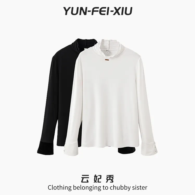 云妃秀大码女T恤褶皱高领拼接时尚宽松显瘦遮肉胖妹妹冬季28199