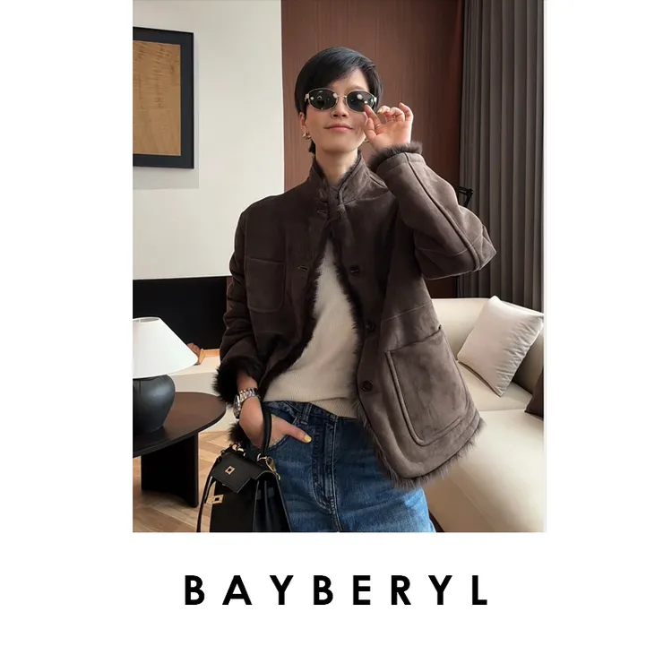 CC10-BAYBERYL老贝古褐托卡*立领新中式时尚秋冬一体皮衣PY5E2650