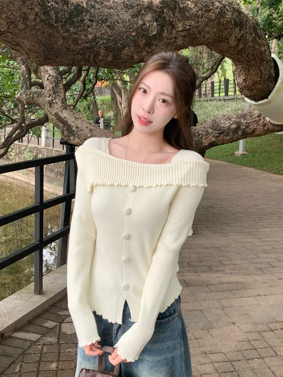 一字肩木耳边打底衫女2025秋冬新款纯欲内搭毛衣针织上衣D1-38