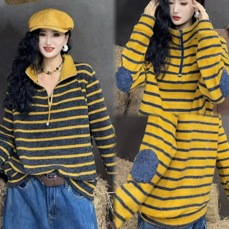 【亿火】条纹常规圆领休闲风格纹毛针织衫上衣秋季帽衫-G38-8259