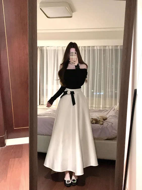 奢雅典范 纯欲风性感辣妹一字肩针织上衣法式赫本风A字摆半身裙女