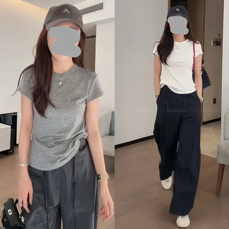2025夏季时尚简约纯色圆领短袖T恤上衣显瘦百搭薄款休闲裤套装女