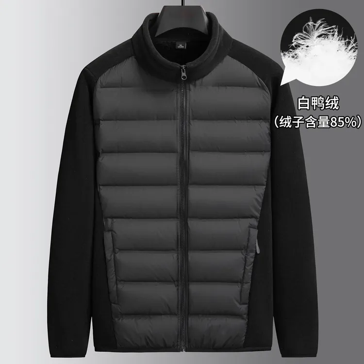 时尚拼接加绒羽绒服男士特大码立领保暖外套350斤肥佬宽松抓绒衣