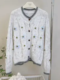 琳心丨早秋新款白色V领钩花宽松百搭针织开衫 HH2592