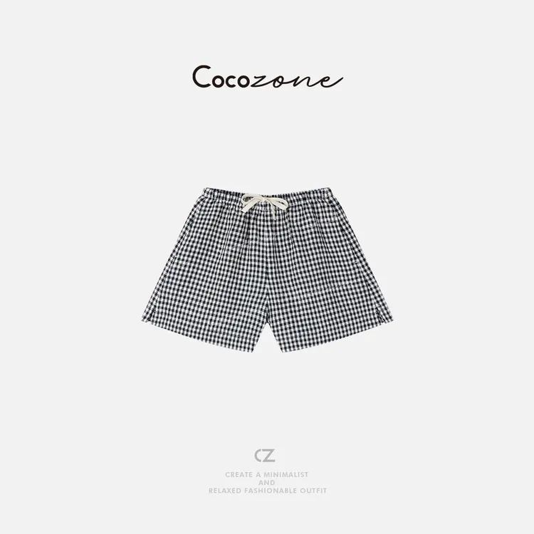 COCO ZONE 刘一一 新款100亚麻撞色格子休闲短裤CD1A0279