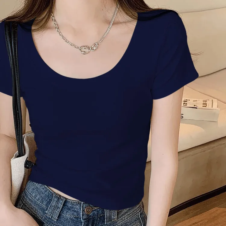 u领t恤女短袖夏2025年新款白色短款大领口正肩打底内搭上衣