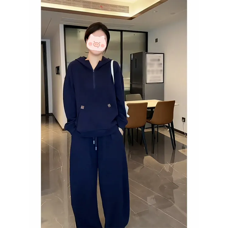 运动休闲套装女冬季2025新款加绒加厚连帽长袖卫衣高腰直筒阔腿裤