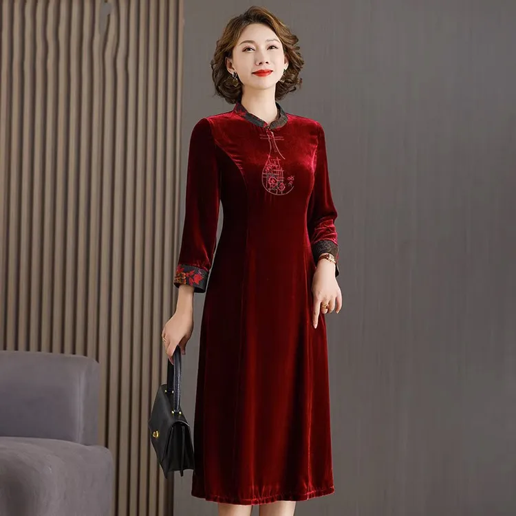 桑蚕丝礼服裙中长款婚宴A字裙方领常规连衣裙复古印花礼服轻职风