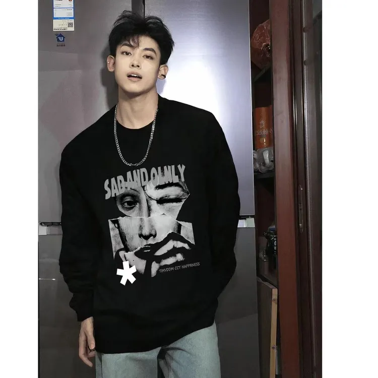 美式高街痞帅纯棉长袖t恤男宽松百搭休闲个性重磅打底衫圆领上衣