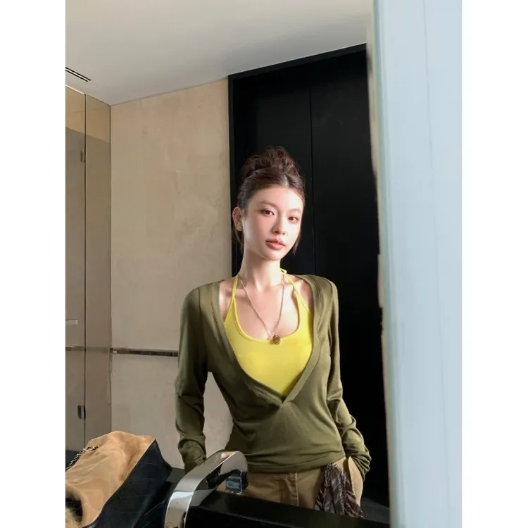 M0347设计感天丝慵懒挂脖假两件撞色长袖针织衫T恤百搭2025女上衣