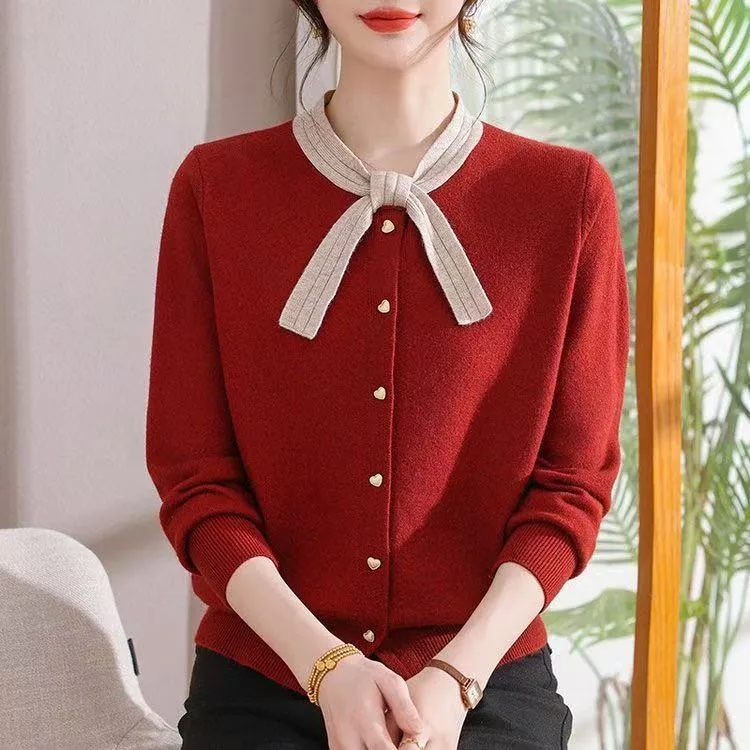 2025新款时尚宽松妈妈装蝴蝶结针织上衣中老年女装秋冬外套打底衫