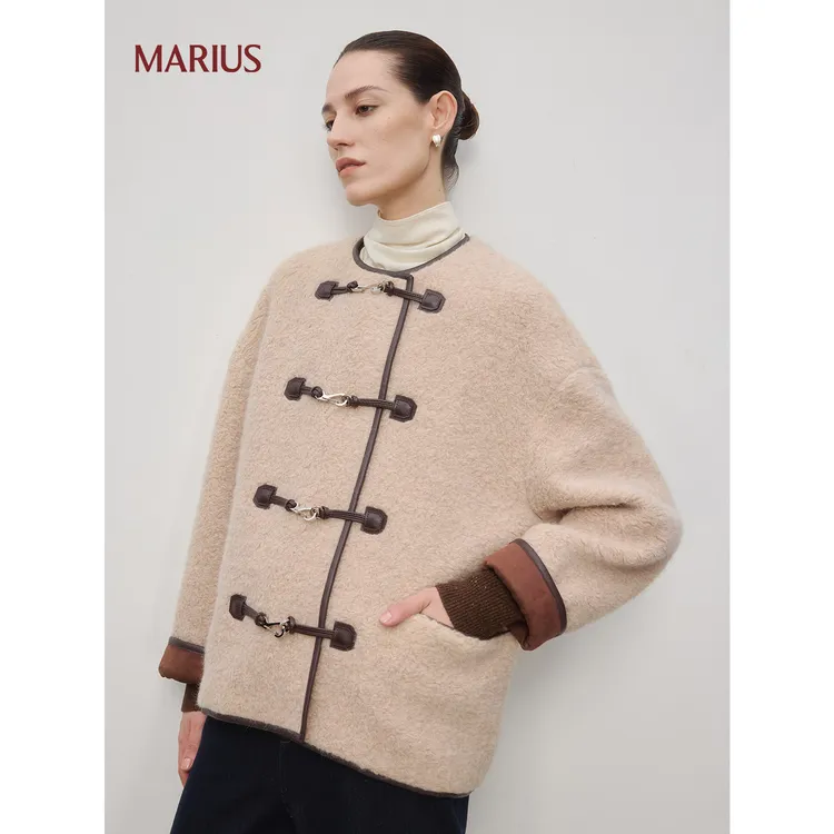 MARIUS"松露可可"圈圈纹理金属皮袢羊羔毛绒外套