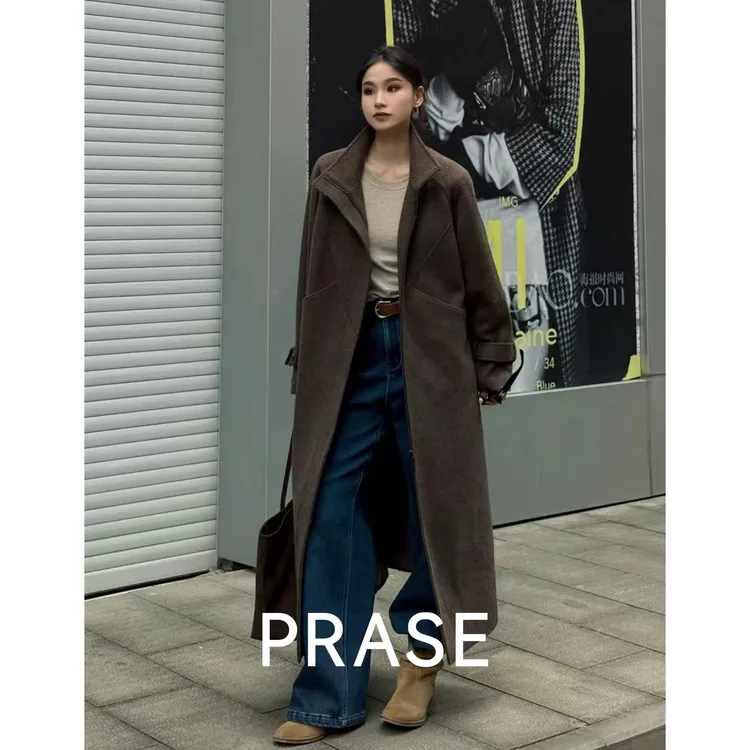 PRASE·噜【城市猎人】绵羊毛气质H型直筒翻领长款毛呢大衣PR510B118