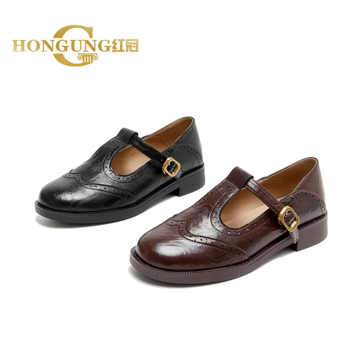 新款 | 红冠复古圆头镂空雕花平跟乐福鞋女单鞋丁字扣小皮鞋211