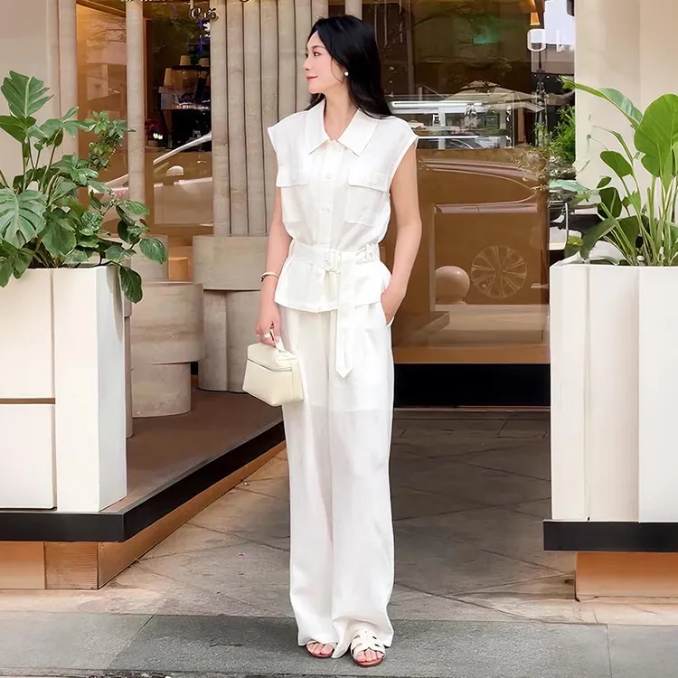 2025夏季新款亚麻老钱风气质翻领显瘦衬衫马甲上衣搭直筒长半身裙