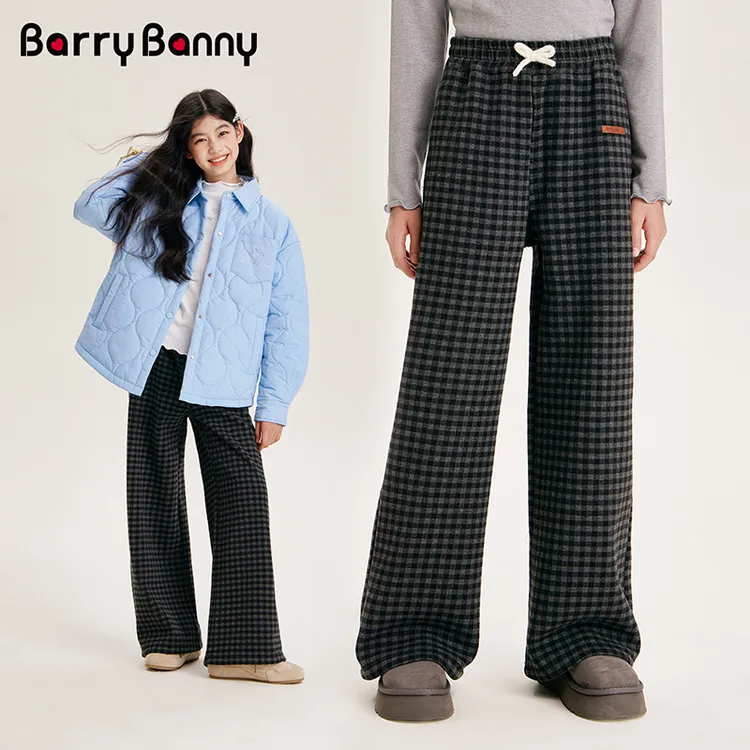 BarryBanny2025女童秋冬新款复古直筒加绒阔腿长裤中大童格纹加厚