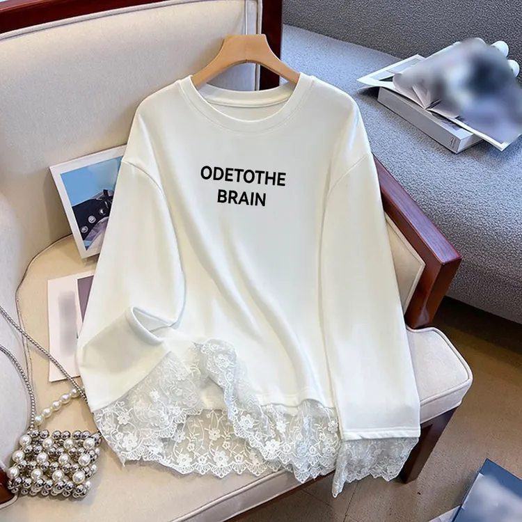 德绒拼接长袖打底衫女大码胖mm2025秋冬白色中长款上衣高级感内搭