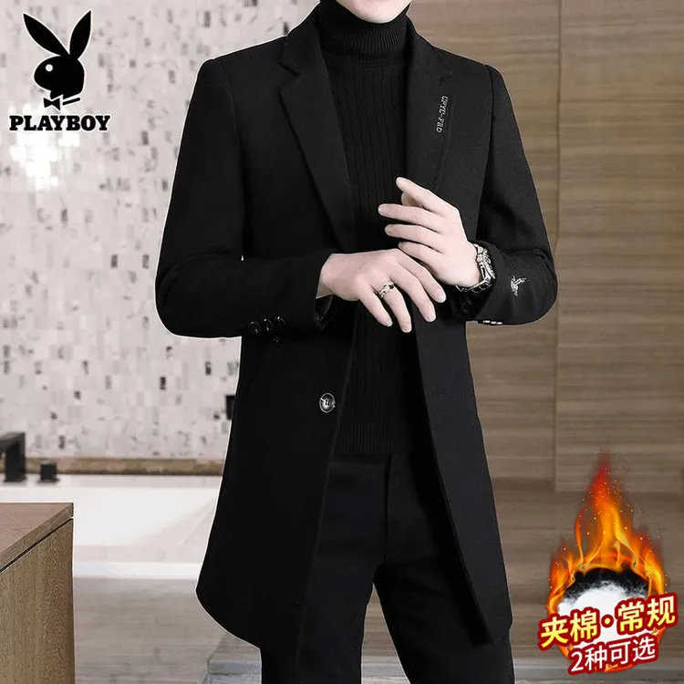 花花公子羊毛呢大衣男士新款秋冬季休闲羊绒呢子中长款修身外套潮