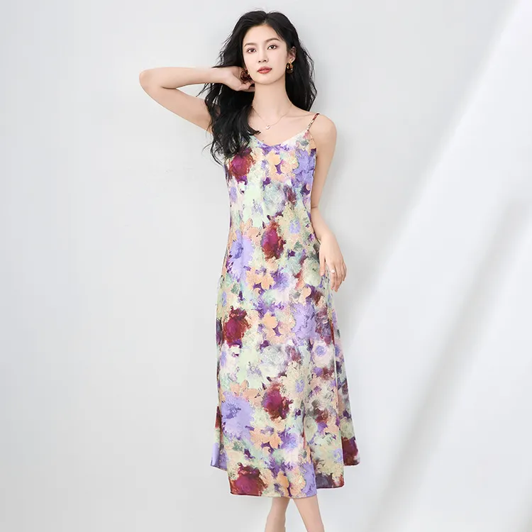 2506711-优雅气质印花缎面领吊带裙雅致轻熟修身女夏连衣裙