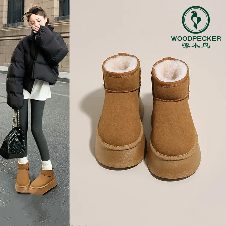 啄木鸟厚底雪地靴女款2025新款冬季加绒加厚保暖棉鞋防滑增高女鞋