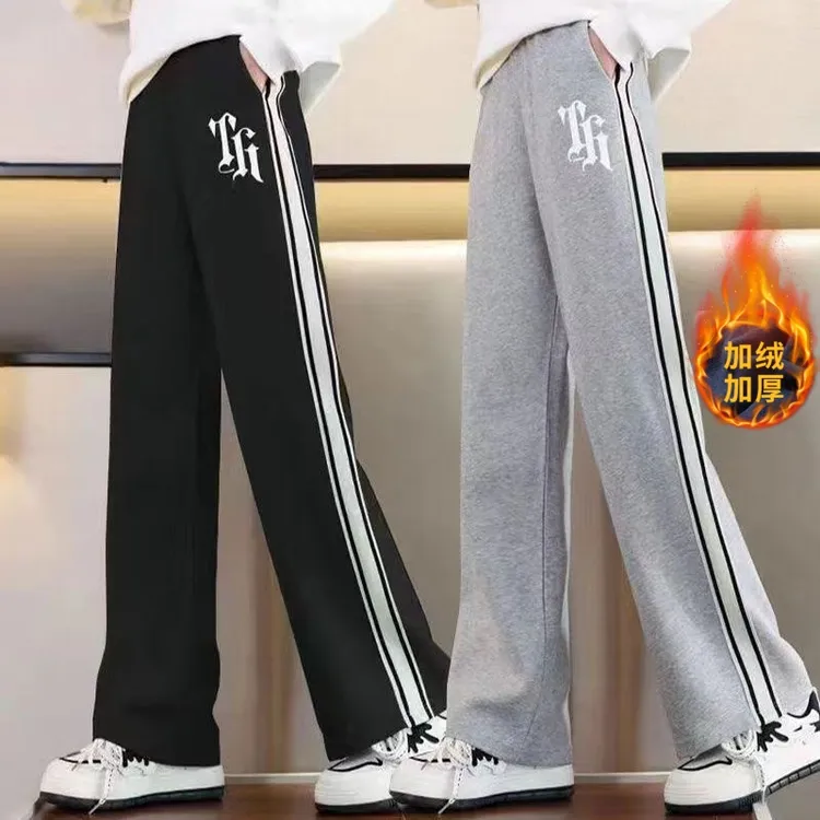 女童加绒裤子秋冬款外穿中大童直筒裤加厚休闲长裤儿童运动裤卫裤