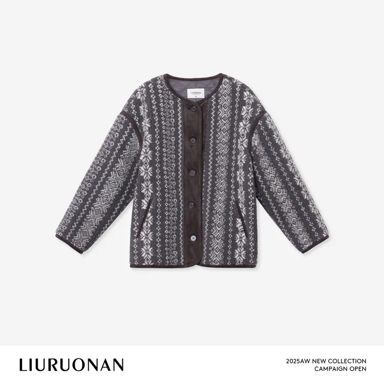 LIURUONAN 25WIN 冬季长袖花纹厚款短外套宽松保暖灰色上衣女