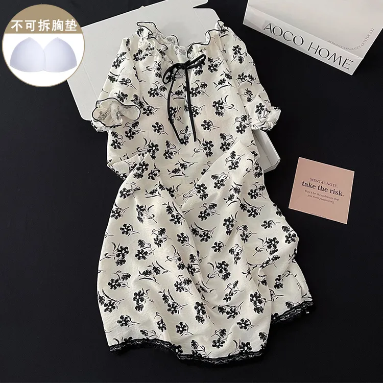 田园风黑色花朵睡衣少女新款休闲带胸垫短袖睡裙学生小个子家居服
