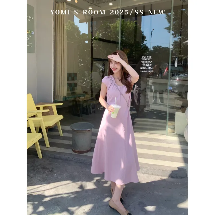 【现货】YOMI小个子【南法之境】纯棉粉色V领显瘦显白气质连衣裙