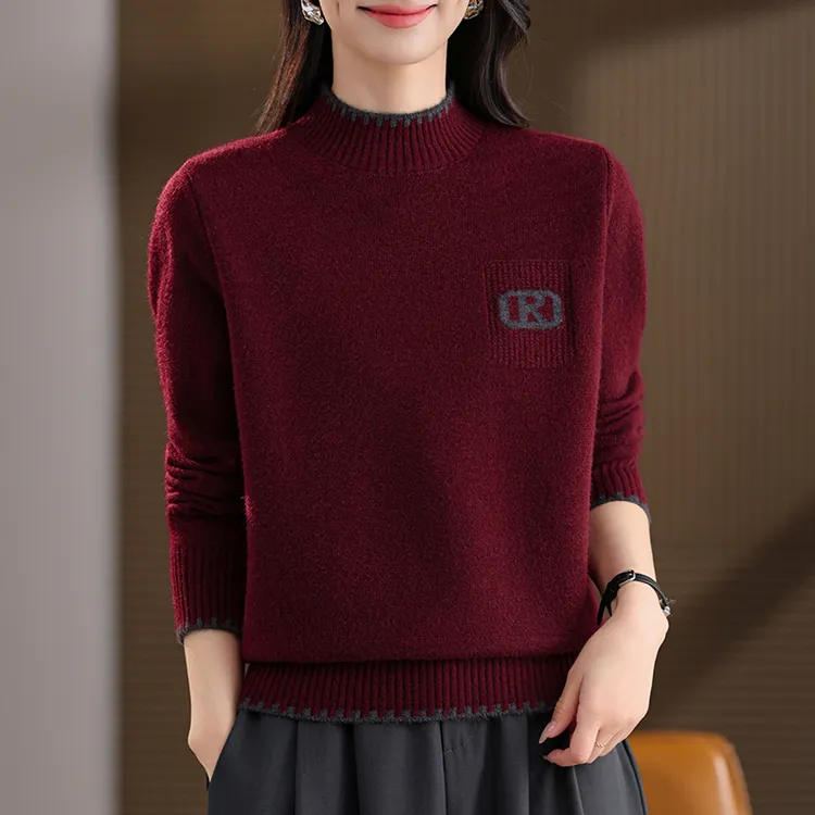 针织毛衣秋冬季拼接半高领毛衣时尚保暖百搭宽松厚款打底衫T-1973