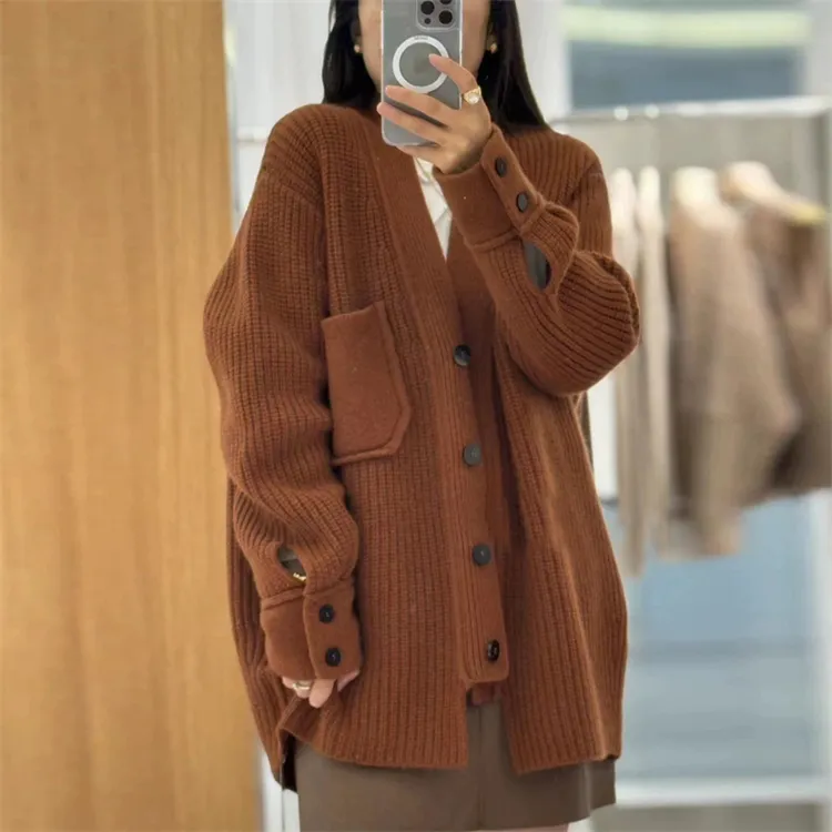 秋冬季新款v领中长款加厚纯羊毛开衫女宽松粗针毛衣针织毛衣外套